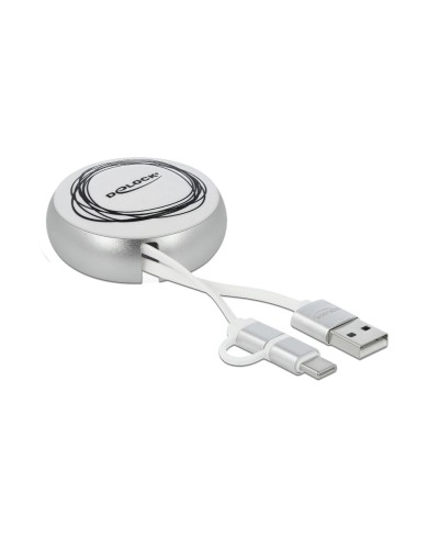 USB2.0 Aufrollkabel, 92CM, A-MB/Typ-C, mit Autorollfunktion, weiss / silber