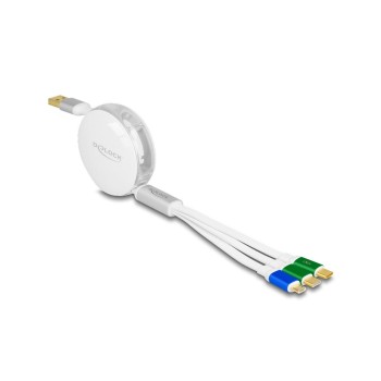 Delock USB 3 in 1 Aufrollladekabel Typ-A, Mikro USB/ 2x USB-C,Ladefunktion, weiss