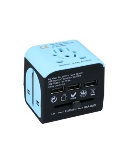 Adaptateur de voyage - Monde entier - avec 3 ports USBs - bleu - noir