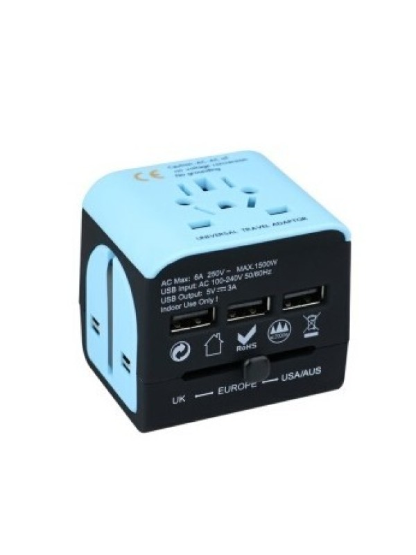 Travel Adapter multi-countries - with 3 USB charging ports - pink - black