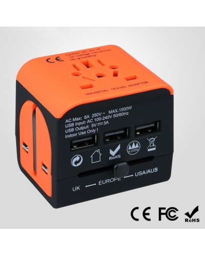 Adaptateur de voyage - Monde entier - avec 3 ports USBs - orange - noir
