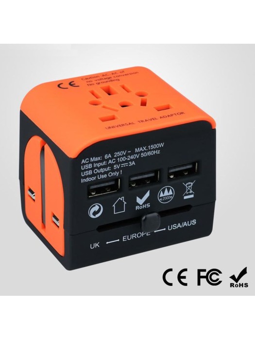 Adaptateur de voyage - Monde entier - avec 3 ports USBs - orange - noir