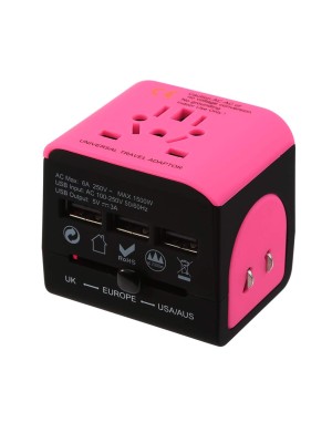 Travel Adapter multi-countries - with 3 USB charging ports - pink - black Travel Adapter multi-countries - with 3 USB charging ports - pink - black
