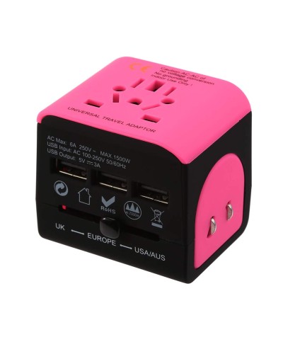 Adaptateur de voyage - Monde entier - avec 3 ports USBs - rose - noir